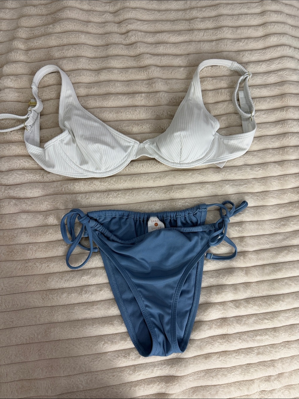 Shade & Shore White Ribbed Underwire Bikini Top with Blue Tie-Side Bottoms
